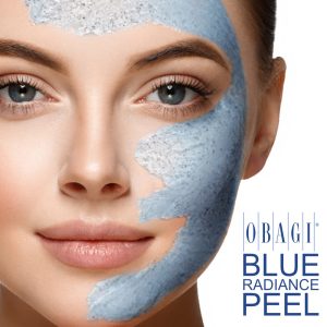 picture of a woman with the blue radiance peel applied to her face